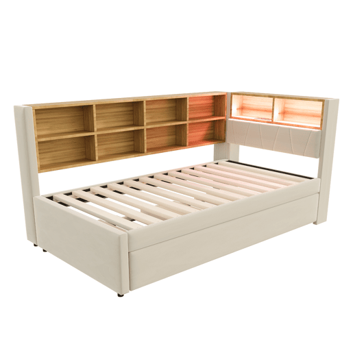 Sofá-cama 90x200 - Cama extraível 90x190, com luzes LED, tomadas e compartimentos, Polsterbett multifuncional, cama individual, Flanela - Bege