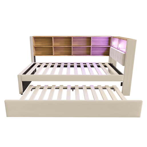 Sofá-cama 90x200 - Cama extraível 90x190, com luzes LED, tomadas e compartimentos, Polsterbett multifuncional, cama individual, Flanela - Bege