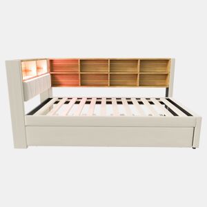 Sofá-cama 90x200 - Cama extraível 90x190, com luzes LED, tomadas e compartimentos, bege