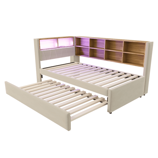Sofá-cama 90x200 - Cama extraível 90x190, com luzes LED, tomadas e compartimentos, bege