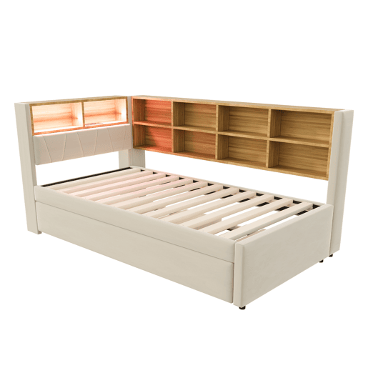 Sofá-cama 90x200 - Cama extraível 90x190, com luzes LED, tomadas e compartimentos, bege