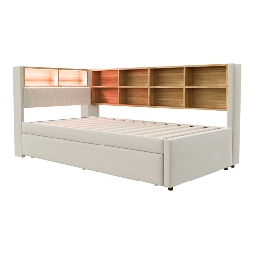 Sofá-cama 90x200 - Cama extraível 90x190, com luzes LED, tomadas e compartimentos, bege