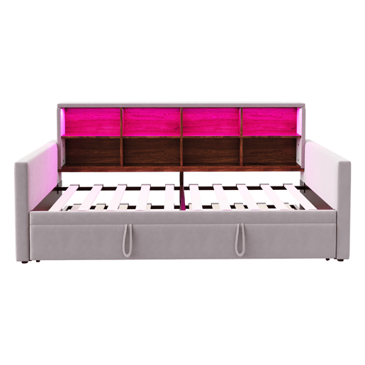 Sofá-cama 90x190 cm - Cabeceira com arrumação, luz LED, tomadas, cama extensível, estofamento em veludo - Cinza claro