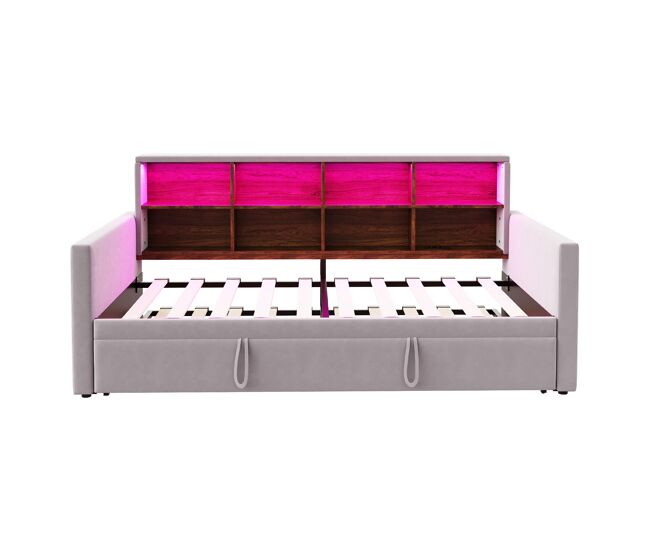 Sofá cama 90x190 cm - cabezal con almacenamiento, luz led, enchufes, cama extensible, tapizado de terciopelo - gris claro
