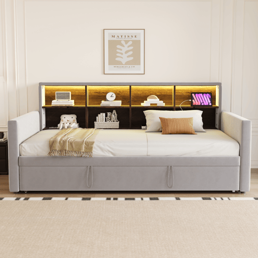 Sofá-cama 90x190 cm - Cabeceira com arrumação, luz LED, tomadas, cama extensível, estofamento em veludo - Cinza claro