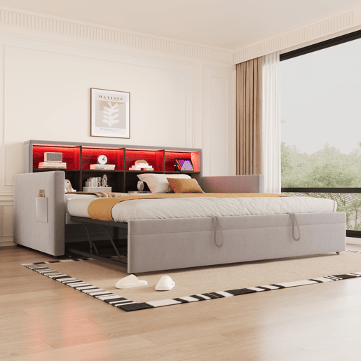Sofá-cama 90x190 cm - Cabeceira com arrumação, luz LED, tomadas, cama extensível, estofamento em veludo - Cinza claro