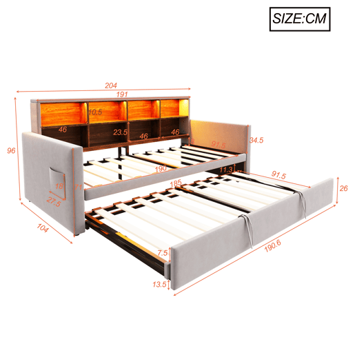Sofá-cama 90x190 cm - Cabeceira com arrumação, luz LED, tomadas, cama extensível, estofamento em veludo - Cinza claro