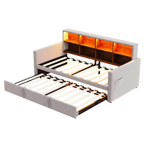 Sofá-cama 90x190 cm - Cabeceira com arrumação, luz LED, tomadas, cama extensível, estofamento em veludo - Cinza claro