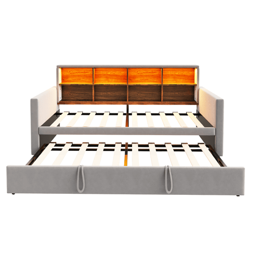 Sofá-cama 90x190 cm - Cabeceira com arrumação, luz LED, tomadas, cama extensível, estofamento em veludo - Cinza claro