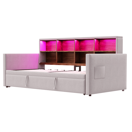 Sofá-cama 90x190 cm - Cabeceira com arrumação, luz LED, tomadas, cama extensível, estofamento em veludo - Cinza claro