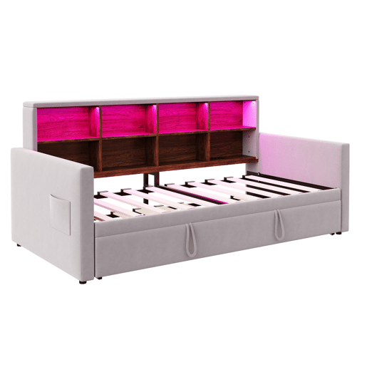 Sofá-cama 90x190 cm - Cabeceira com arrumação, luz LED, tomadas, cama extensível, estofamento em veludo - Cinza claro