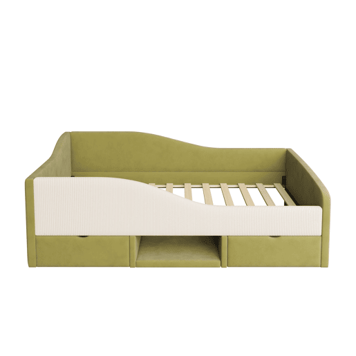 Cama multifuncional 90x190 cm - Com duas gavetas e barreiras - Verde escuro + Creme
