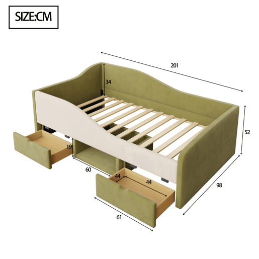 Cama multifuncional 90x190 cm - Com duas gavetas e barreiras - Verde escuro + Creme