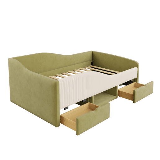 Cama multifuncional 90x190 cm - Com duas gavetas e barreiras - Verde escuro + Creme