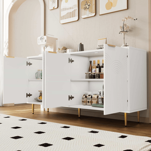 Aparador 160x80x40 cm - 4 portas, puxadores dourados escovados, pés de alto brilho - Branco