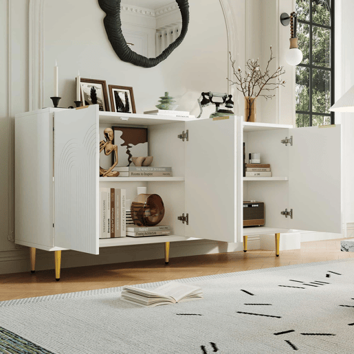 Aparador 160x80x40 cm - 4 portas, puxadores dourados escovados, pés de alto brilho - Branco