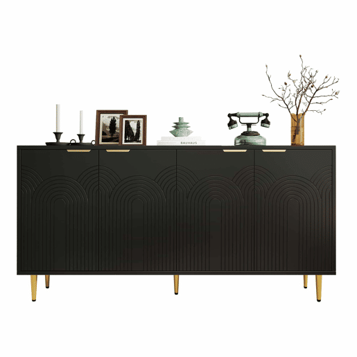 Aparador 160x80x40 cm - 4 portas, puxadores dourados escovados e pés de alto brilho - Preto