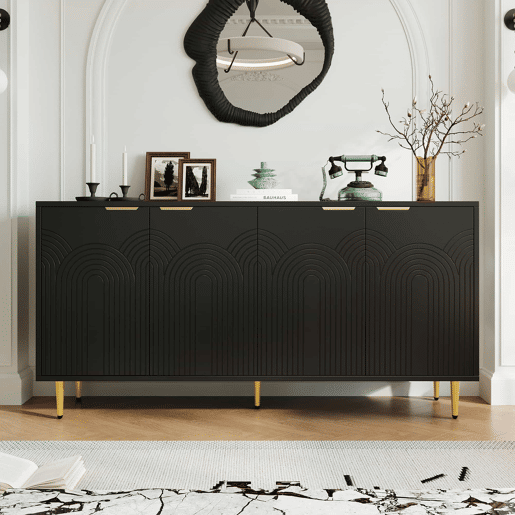 Aparador 160x80x40 cm - 4 portas, puxadores dourados escovados e pés de alto brilho - Preto
