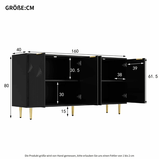 Aparador 160x80x40 cm - 4 portas, puxadores dourados escovados e pés de alto brilho - Preto