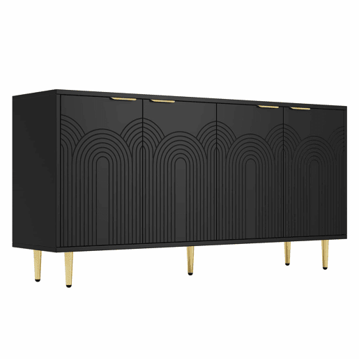 Aparador 160x80x40 cm - 4 portas, puxadores dourados escovados e pés de alto brilho - Preto
