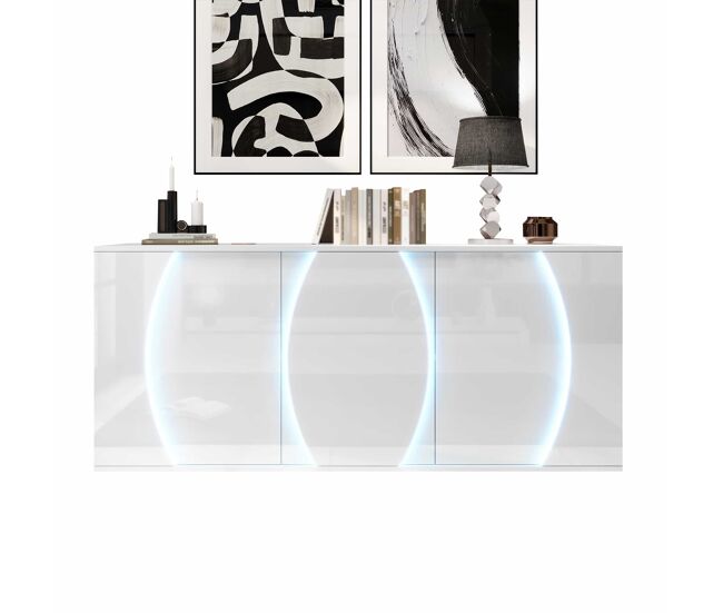 Aparador de salón 150 x 40 x 70 cm - mueble de almacenamiento con 3 puertas, puertas con diseño y led, acabado alto brillo - blanco