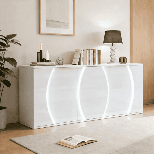 Aparador de sala 150 x 40 x 70 cm - móvel de arrumação com 3 portas, portas com design e LED, acabamento alto brilho - branco