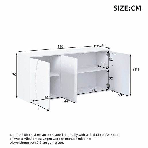 Aparador de sala 150 x 40 x 70 cm - móvel de arrumação com 3 portas, portas com design e LED, acabamento alto brilho - branco
