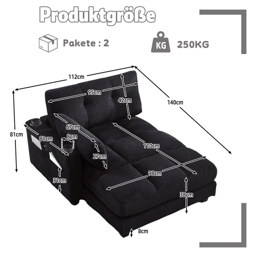 Poltrona de palma de 1 lugar - almofadas macias, apoios de braços com almofadas, encosto ajustável, bolsos laterais - Preto