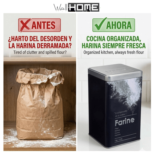 Pote de farinha Well Home em metal com relevo, edição preta.