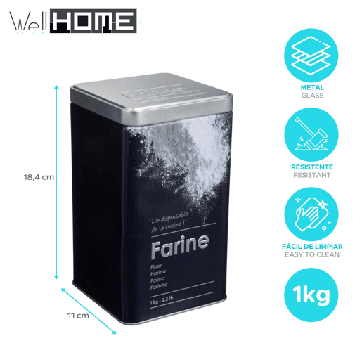 Pote de farinha Well Home em metal com relevo, edição preta.
