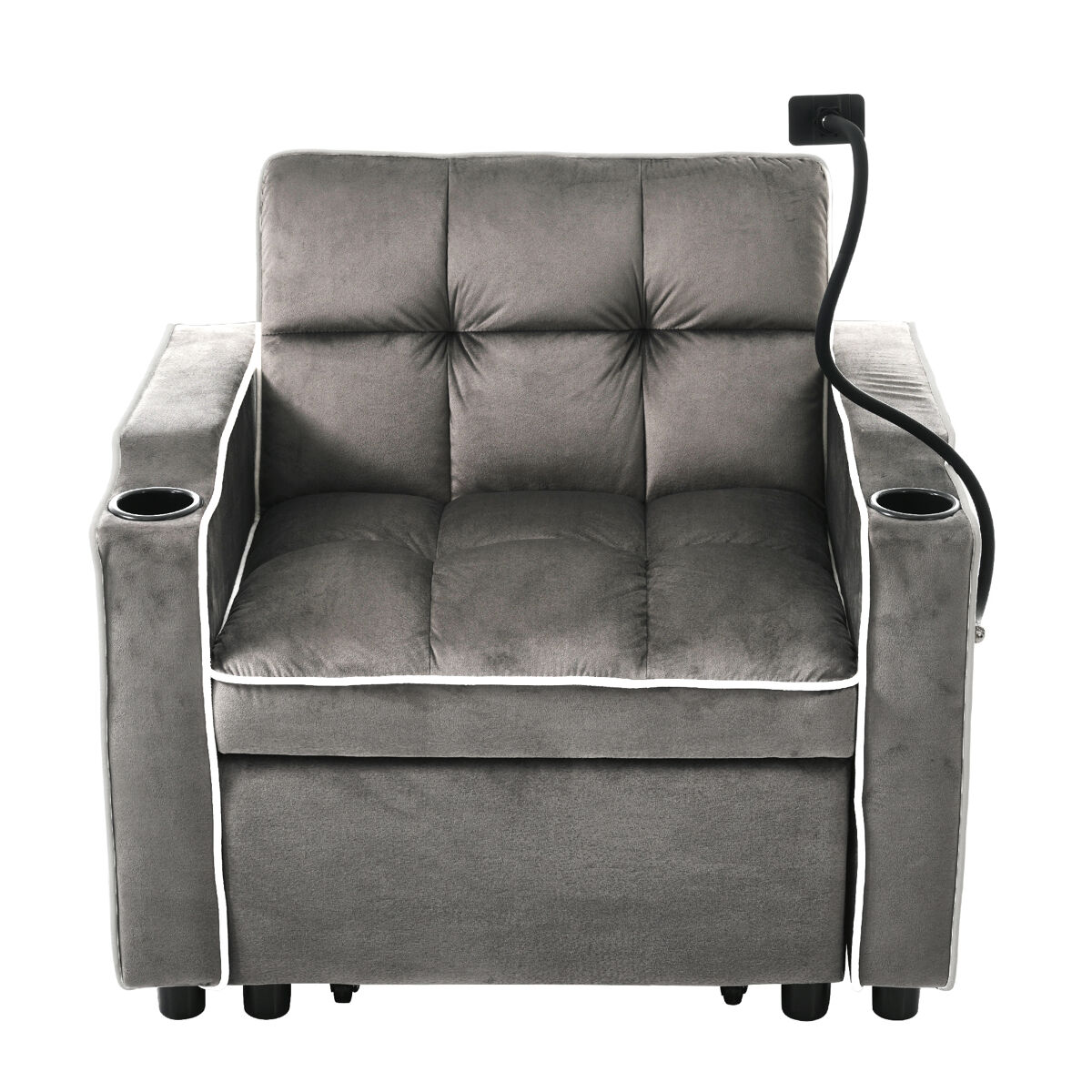 Sillón retráctil de terciopelo - con portavasos + soporte para teléfono móvil - gris
