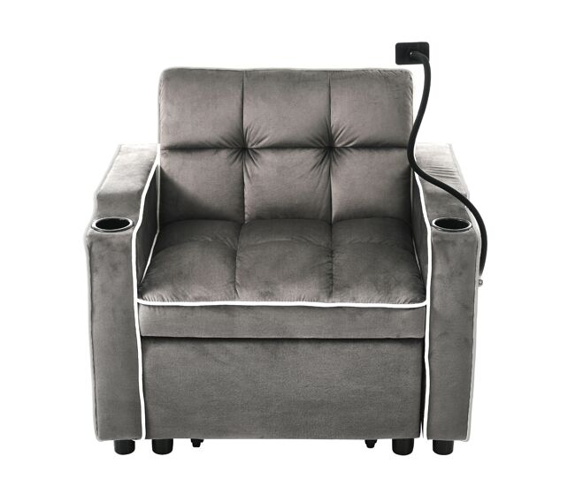 Sillón retráctil de terciopelo - con portavasos + soporte para teléfono móvil - gris