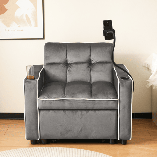Poltrona retrátil de veludo - com suporte para copos + suporte para telemóvel - Cinzento