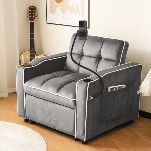 Poltrona retrátil de veludo - com suporte para copos + suporte para telemóvel - Cinzento