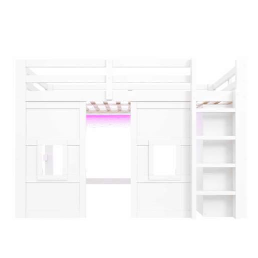 Cama alta em madeira 140x200 cm - com roupeiro integrado, 2 janelas e iluminação LED - branca