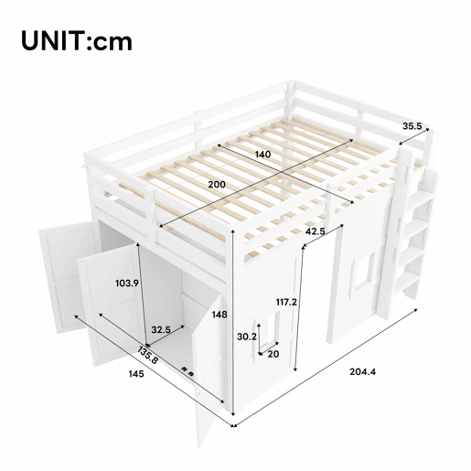 Cama alta em madeira 140x200 cm - com roupeiro integrado, 2 janelas e iluminação LED - branca