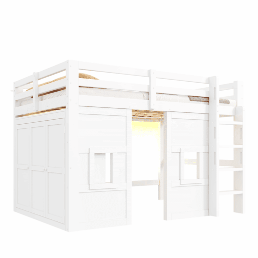Cama alta em madeira 140x200 cm - com roupeiro integrado, 2 janelas e iluminação LED - branca