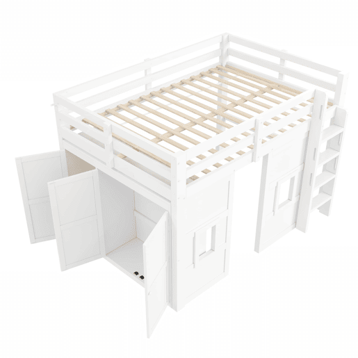 Cama alta em madeira 140x200 cm - com roupeiro integrado, 2 janelas e iluminação LED - branca