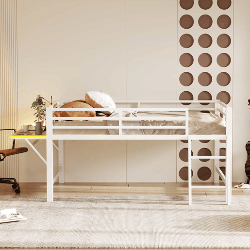 Cama baixa 140 x 200 cm - Sem colchão, grade de proteção, escada, secretária, faixa de LED - Branco