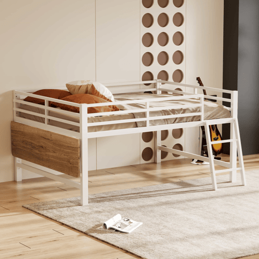 Cama baixa 140 x 200 cm - Sem colchão, grade de proteção, escada, secretária, faixa de LED - Branco