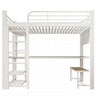 Cama alta 140×200 cm - Estrutura metálica, com grelha para pendurar objetos, faixa de LED, escadas com espaço de arrumação, sem colchão - Branco