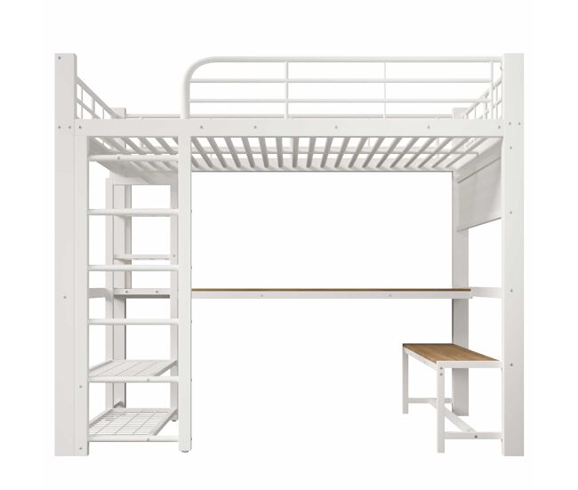 Cama alta 140×200 cm - estructura metálica, con rejilla para colgar objetos, tira de led, escaleras con almacenamiento, sin colchón - blanco