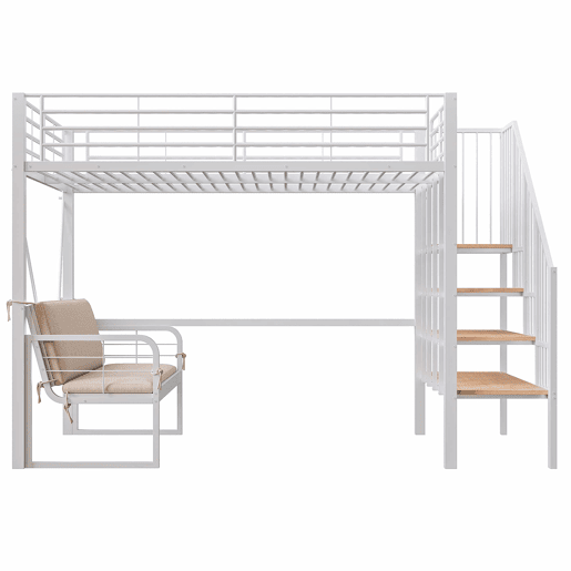 Beliche 140x200 - Estrutura metálica, sofá estofado desmontável, arrumação, escada de segurança - Branco