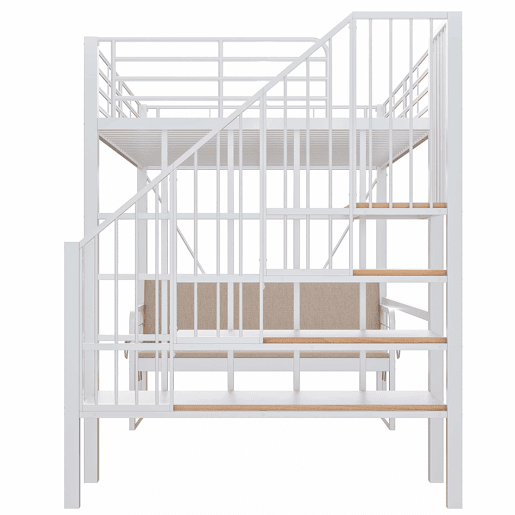 Beliche 140x200 - Estrutura metálica, sofá estofado desmontável, arrumação, escada de segurança - Branco