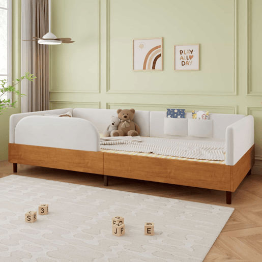 Cama individual estofada 90x200 cm - design em veludo e madeira com 2 bolsos de arrumação, rebordo de espuma macia anti-colisão, estrutura de cama estável para quarto infantil - Branco + Natural