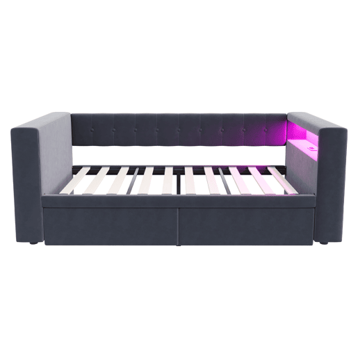 Cama multifuncional 90x190 cm - Com iluminação LED, tomada elétrica, grande espaço de armazenamento - Cinza escuro