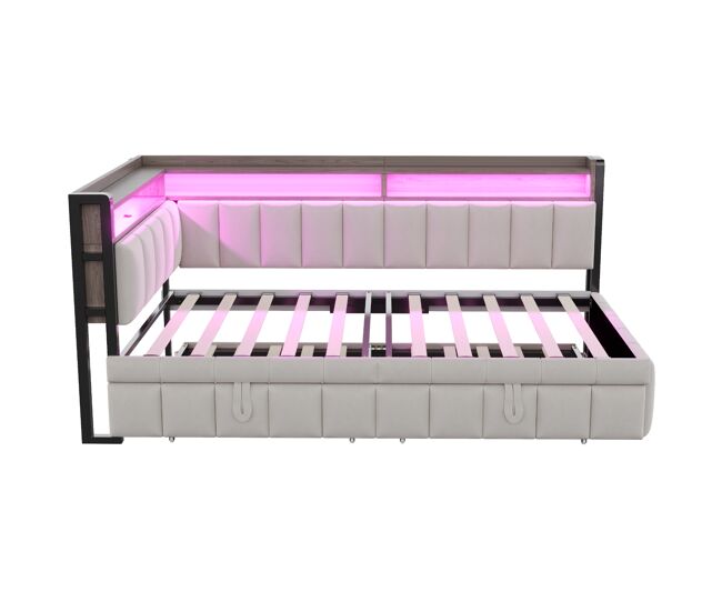 Sofá cama 90x200 cm - con cama extraíble, iluminación led, compartimentos, puertos usb y tipo-c - gris claro