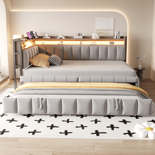 Sofá-cama 90x200 cm - Com cama extraível, iluminação LED, compartimentos, portas USB e Tipo-C - Cinza claro