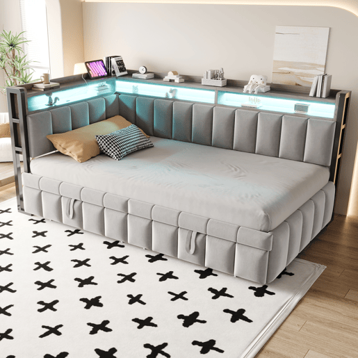 Sofá-cama 90x200 cm - Com cama extraível, iluminação LED, compartimentos, portas USB e Tipo-C - Cinza claro