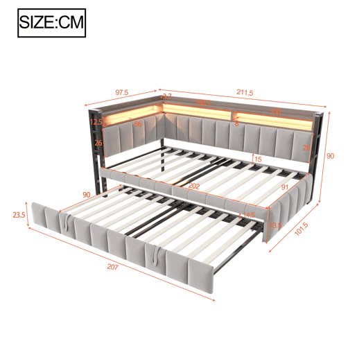 Sofá-cama 90x200 cm - Com cama extraível, iluminação LED, compartimentos, portas USB e Tipo-C - Cinza claro